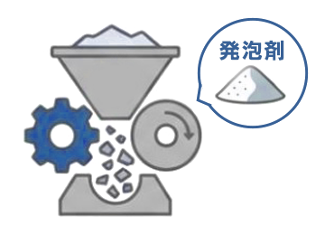 ポーラスの素材を粉砕して発泡剤と混ぜるイラスト